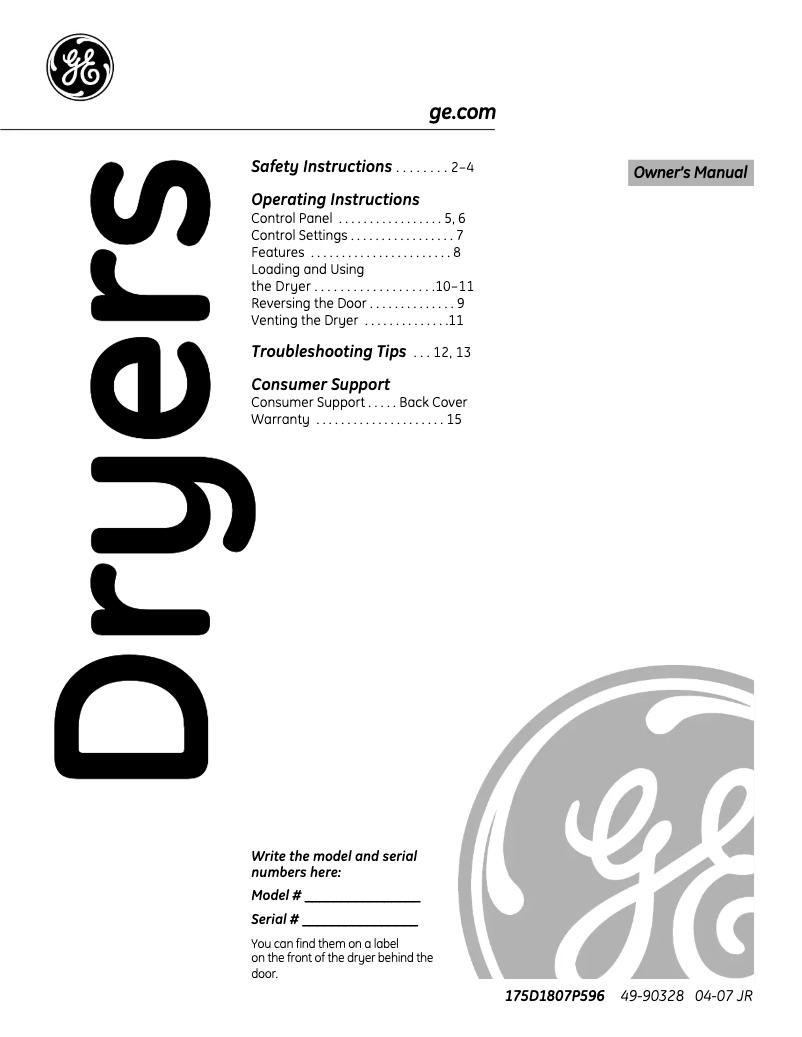 Page n°1 - Manuel d'utilisation et d'entretien GE DWXR463GGWW