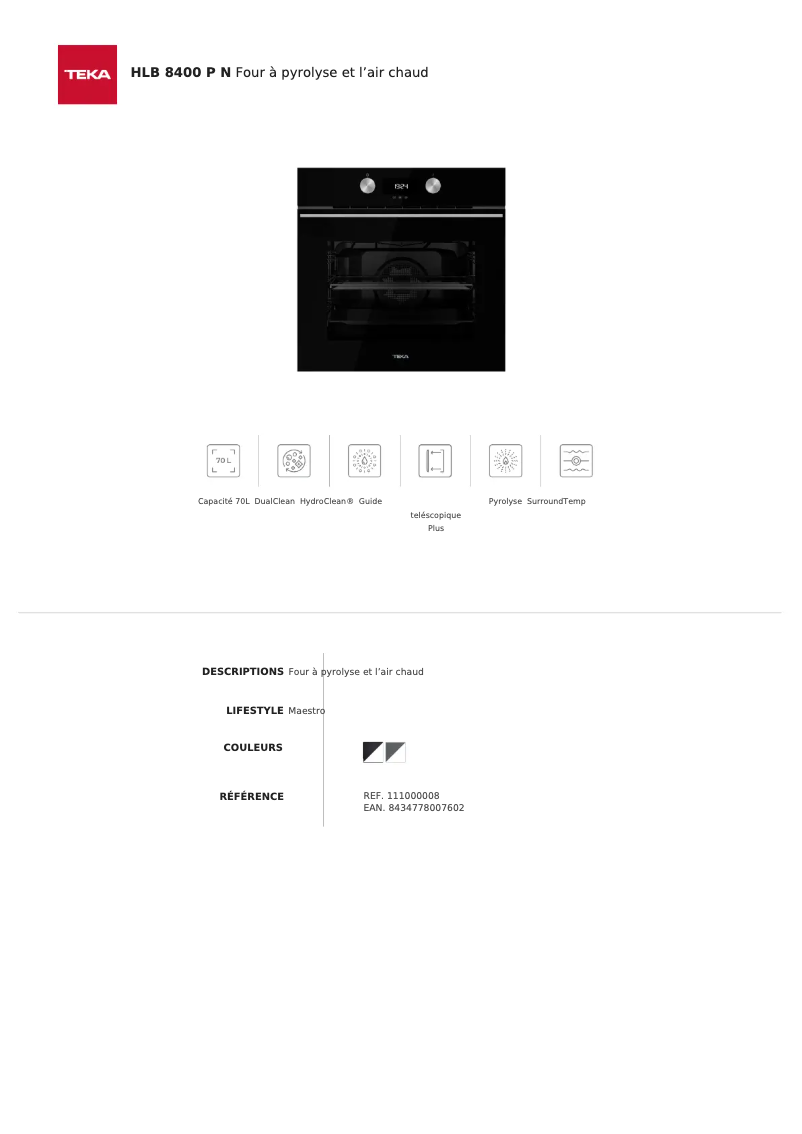 Page 1 de la notice Fiche technique Teka HLB 8400 P N