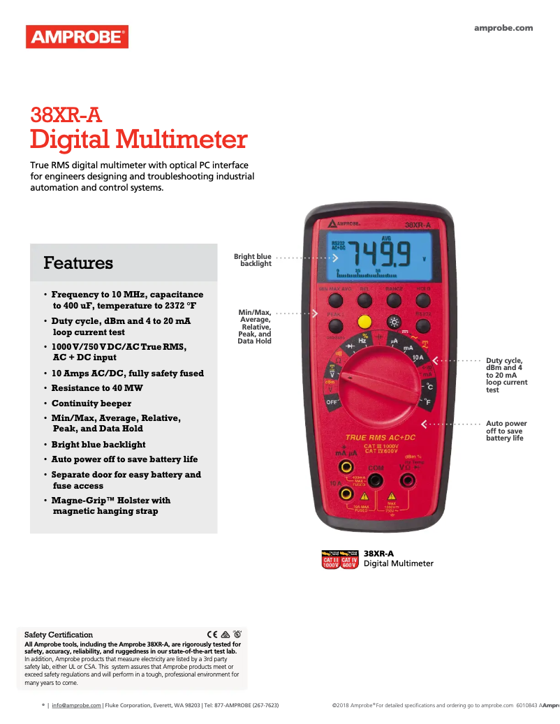 Page 1 de la notice Fiche technique Amprobe 38XR-A