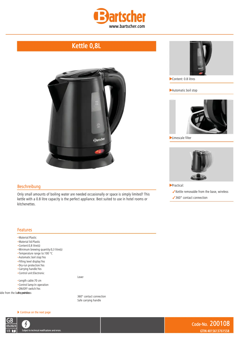 Page 1 de la notice Fiche technique Bartscher 200108