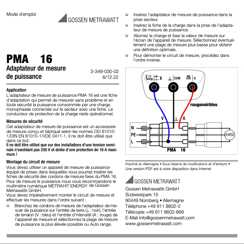 Page 1 de la notice Manuel utilisateur Gossen Metrawatt PMA16