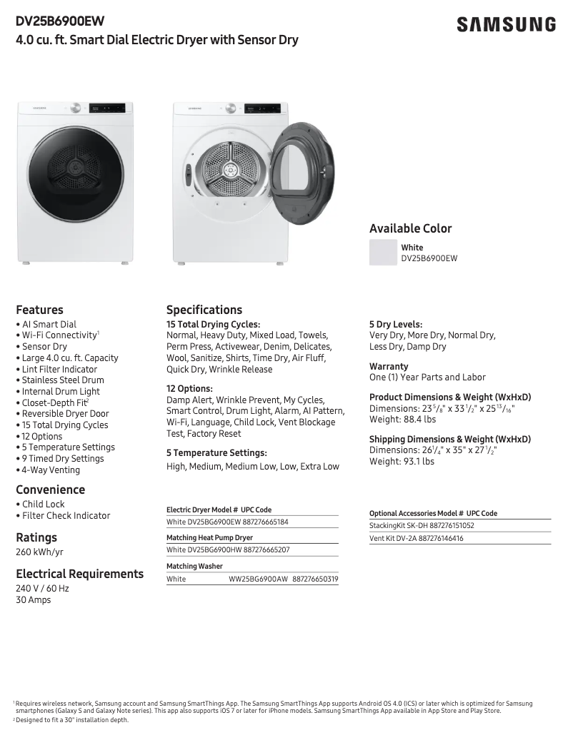 Page 1 de la notice Fiche technique Samsung DV25B6900EW