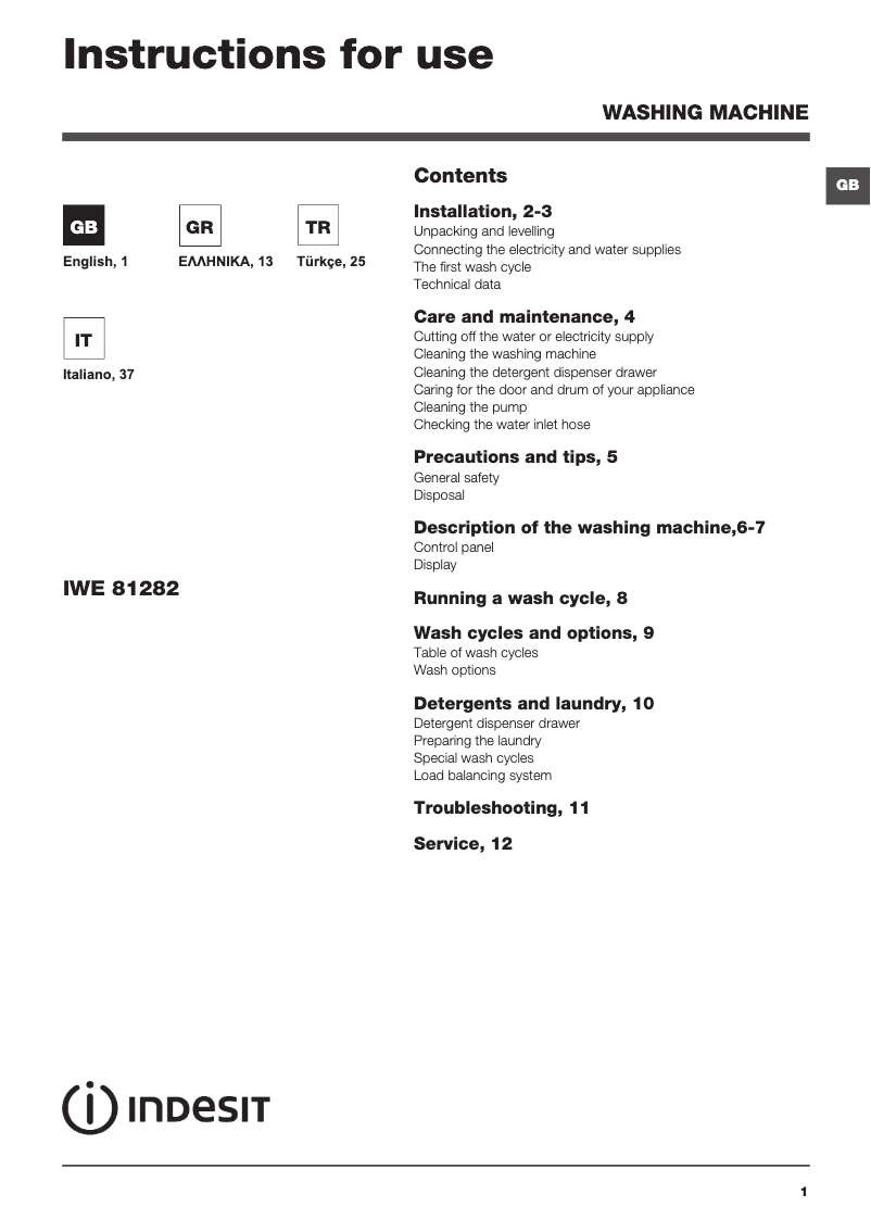 Page 1 de la notice Manuel utilisateur Indesit IWE 81282 SL ECO(EU)