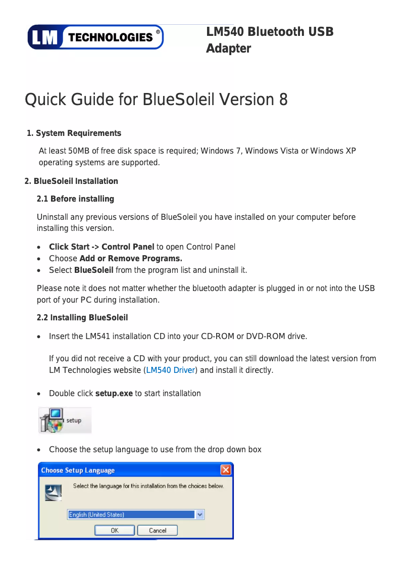 Page n°1 - Manuel utilisateur LM Technologies LM540