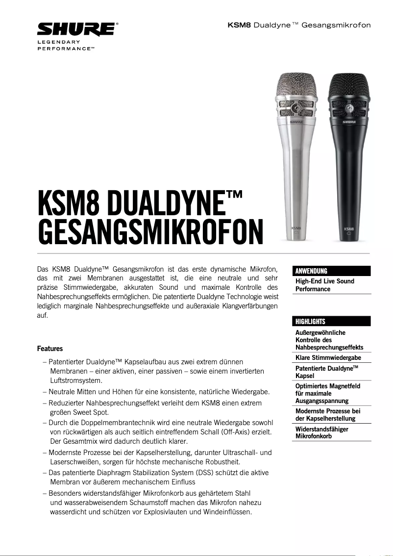 Page 1 de la notice Fiche technique Shure KSM8