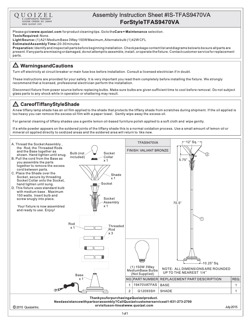 Page n°1 - Manuel utilisateur Quoizel Asheville TFAS9470VA