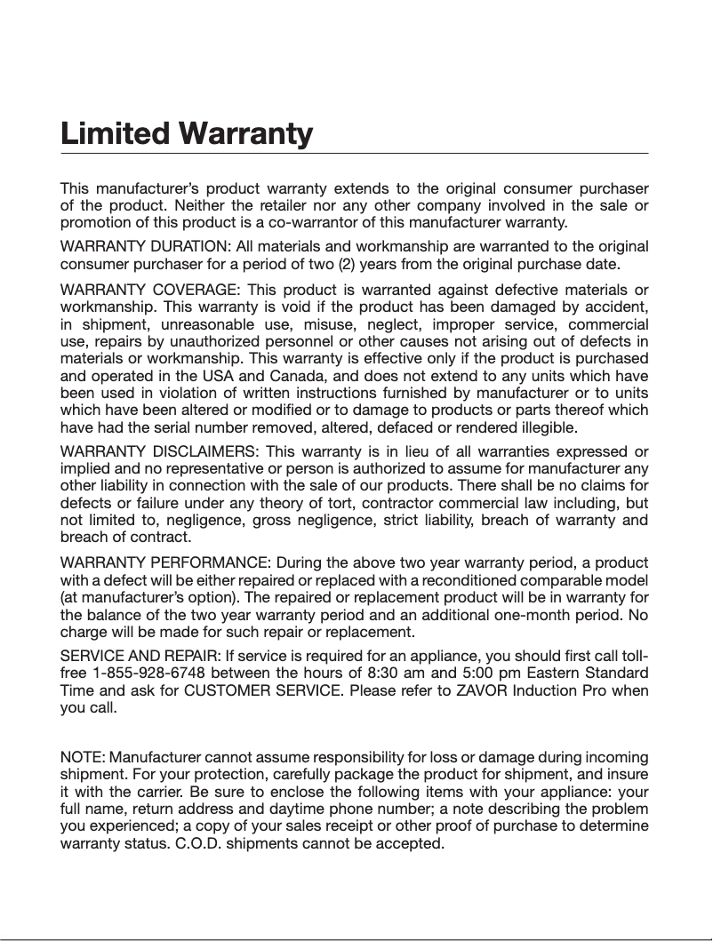Page 1 de la notice Informations de garantie Zavor Induction Pro ZSEPR01