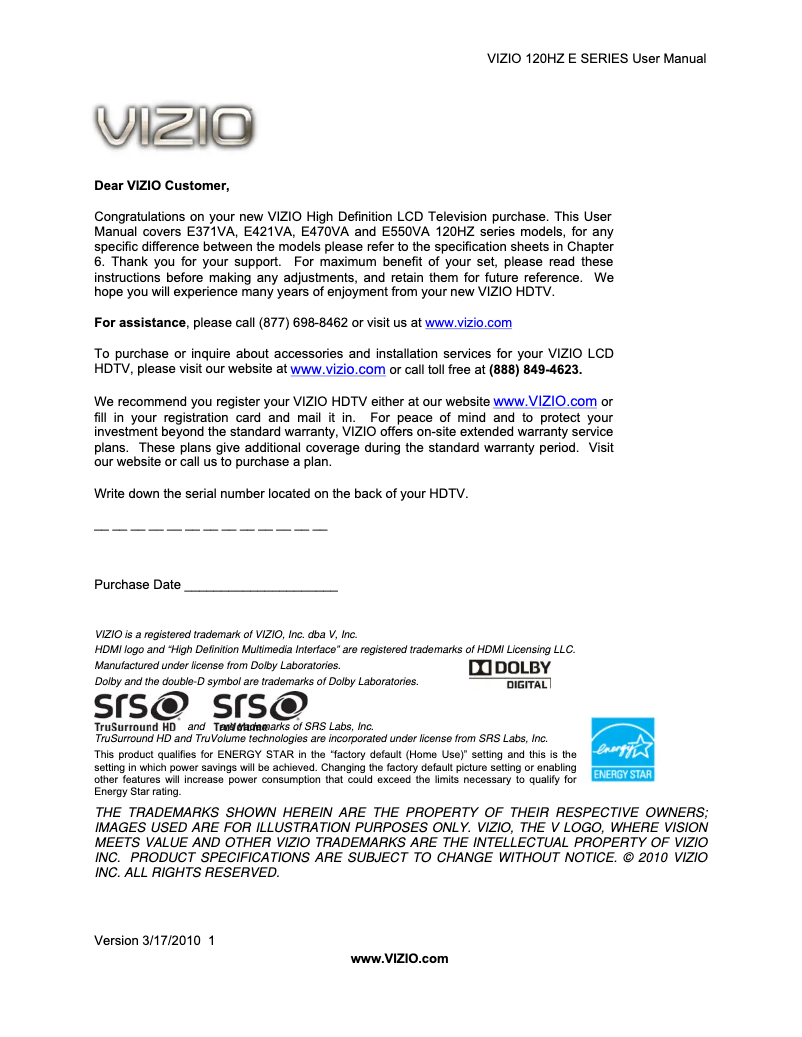 Page 1 de la notice Manuel utilisateur VIZIO E371VA