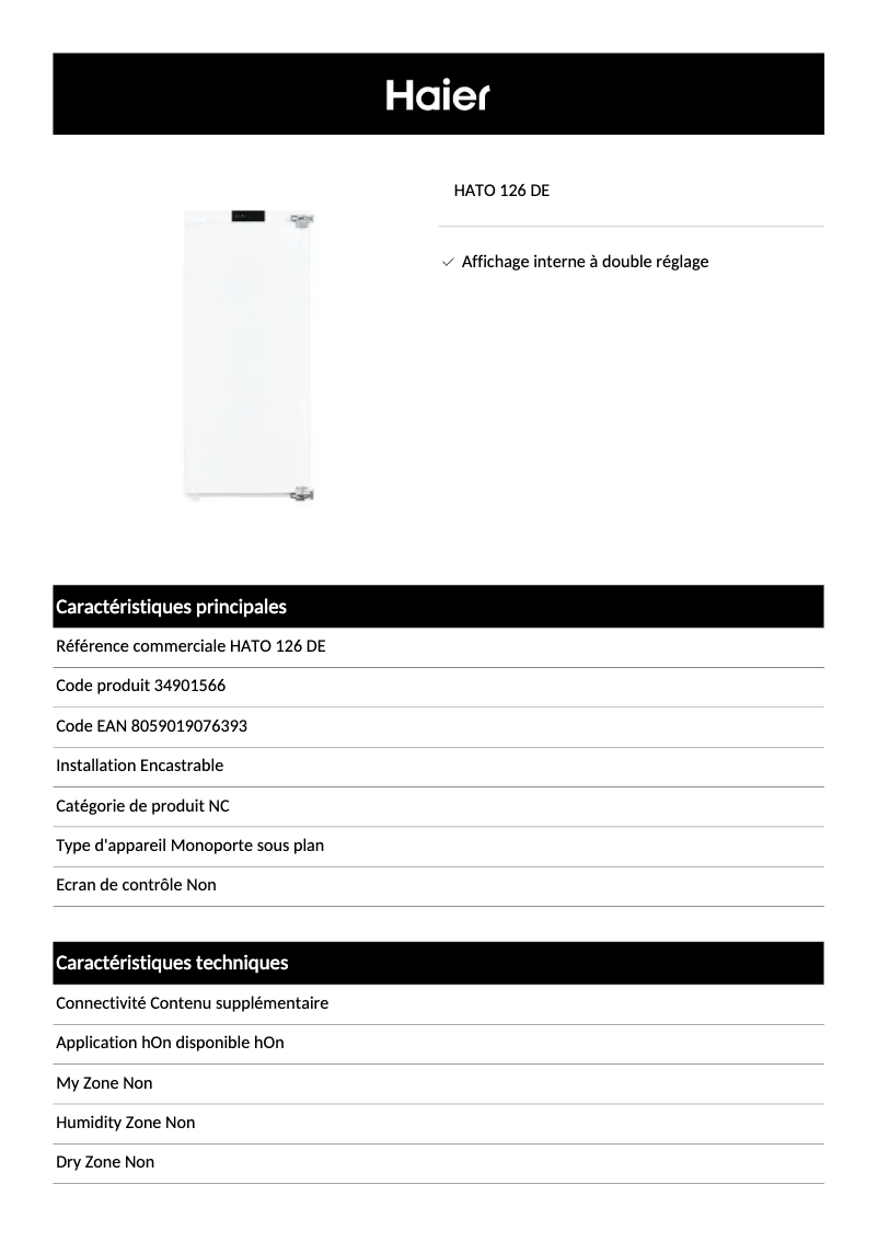 Page 1 de la notice Fiche technique Haier HATO 126 DE