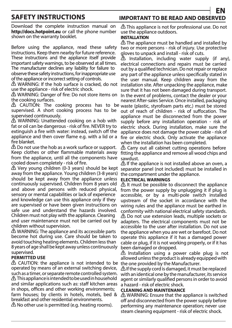 Page 1 de la notice Instructions / montage Hotpoint HR 619 C H