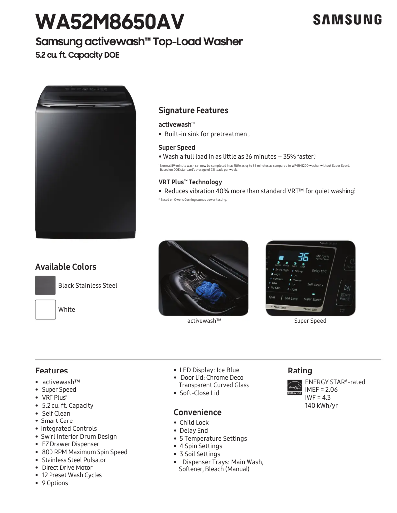 Page 1 de la notice Fiche technique Samsung WA52M8650AV