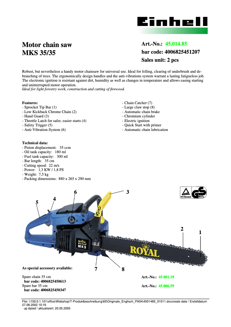 Page 1 de la notice Manuel utilisateur Einhell MKS 35/35