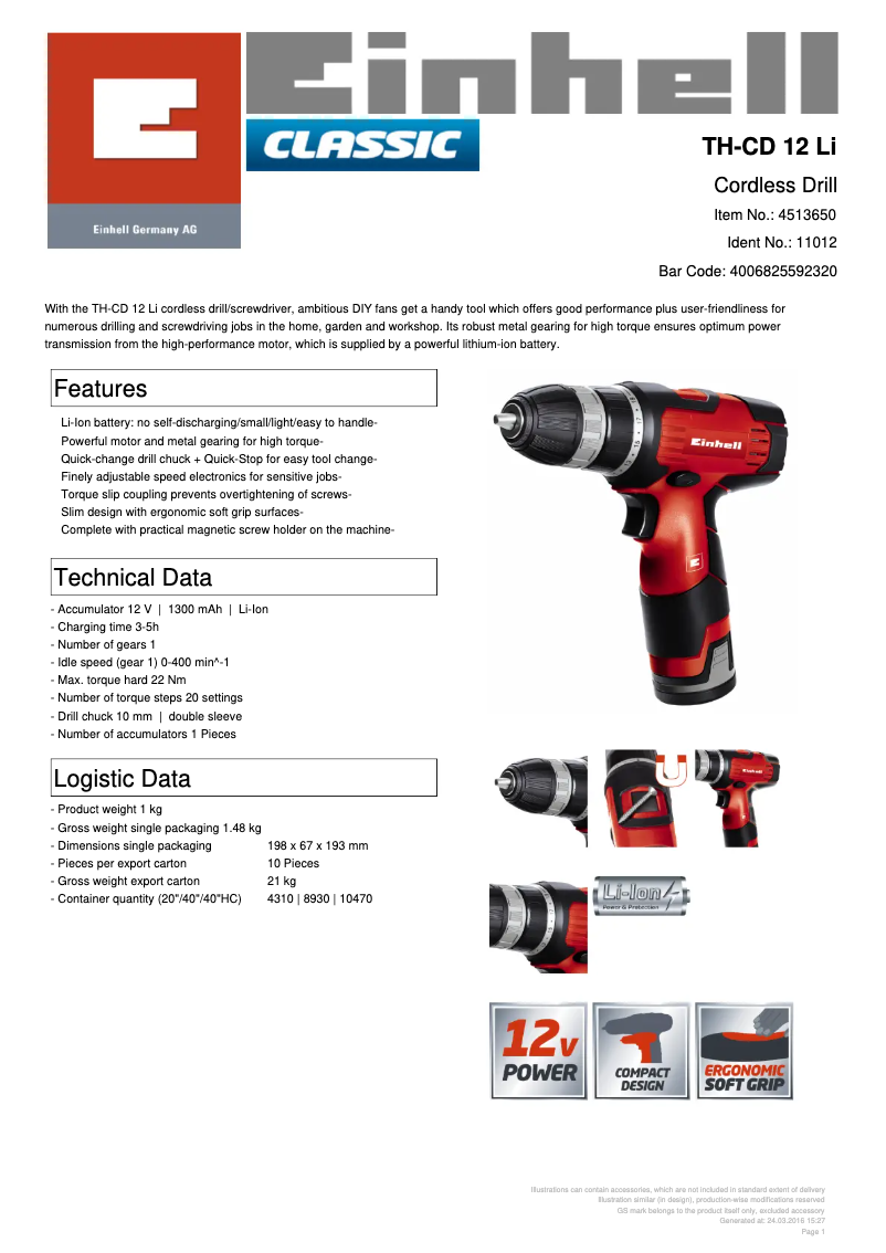Page n°1 - Fiche technique Einhell TH-CD 12 Li