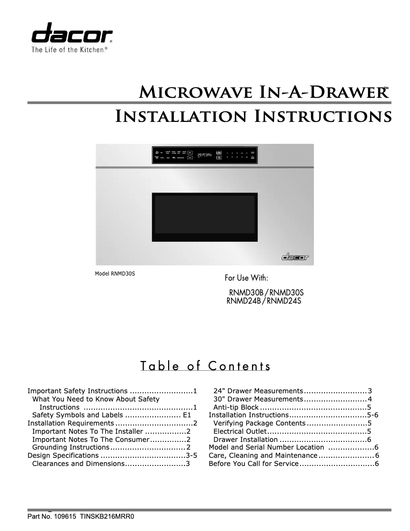 Page n°1 - Guide d'installation Dacor Renaissance RNMD30S