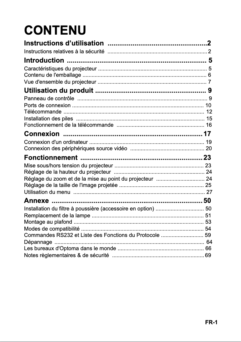 Page 1 de la notice Manuel utilisateur Optoma X310