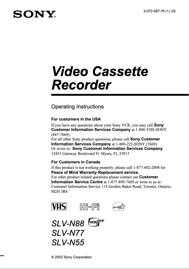 Image de la première page du manuel de l'appareil SLV-N55