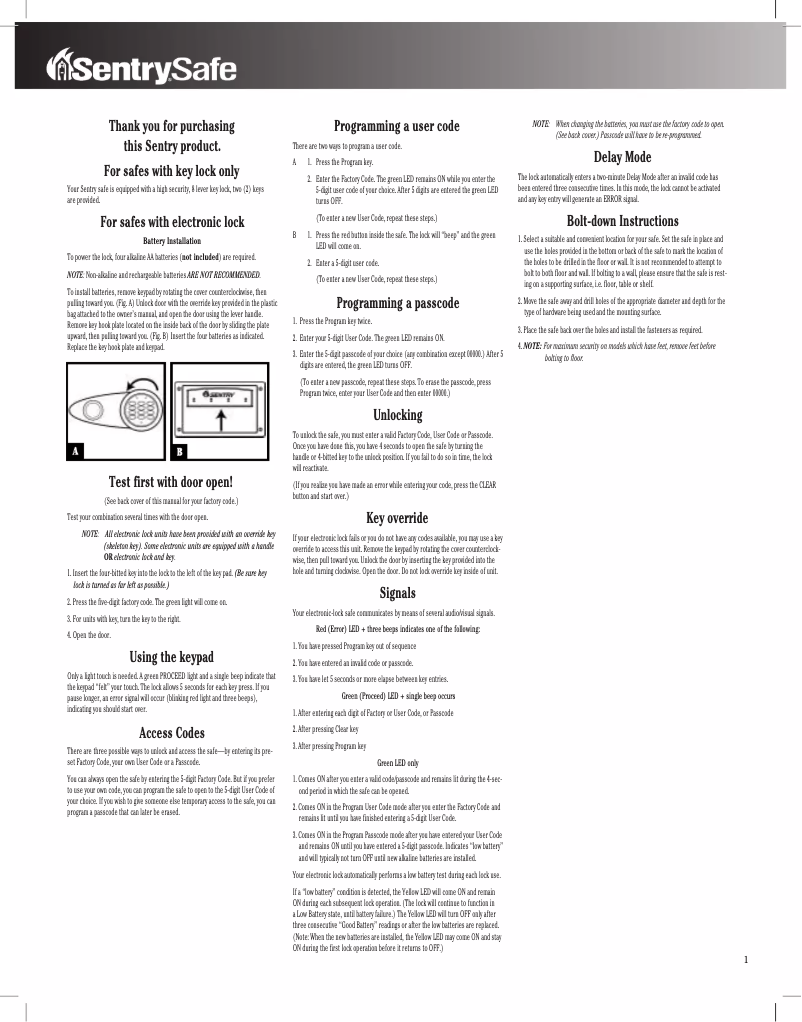 Page n°1 - Manuel utilisateur Sentry T8-331