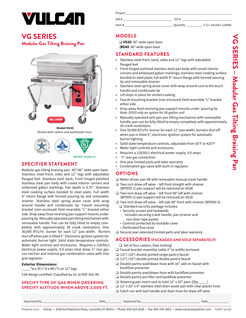Page 1 de la notice Fiche technique Vulcan VG40
