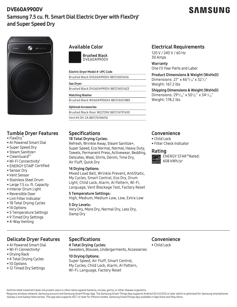 Page n°1 - Fiche technique Samsung DVE60A9900V