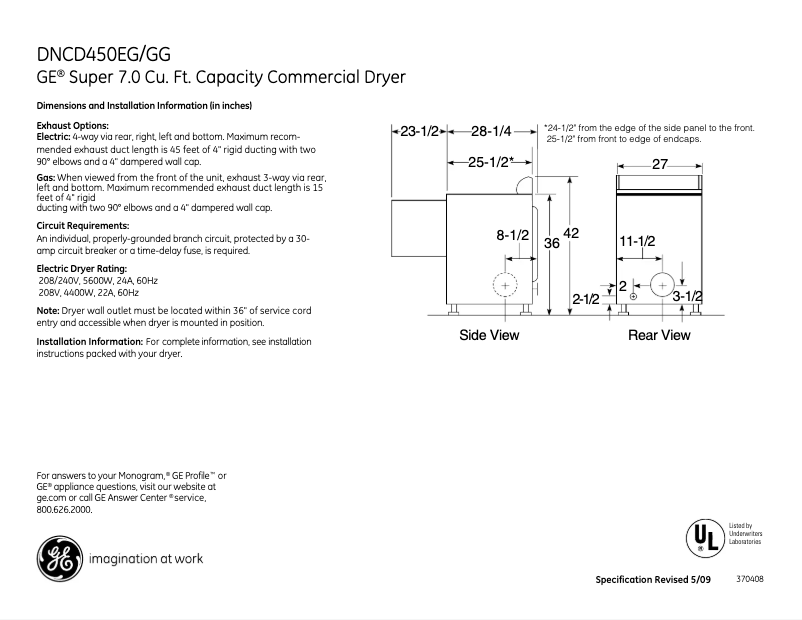 Page 1 de la notice Fiche technique GE DNCD450EGWC