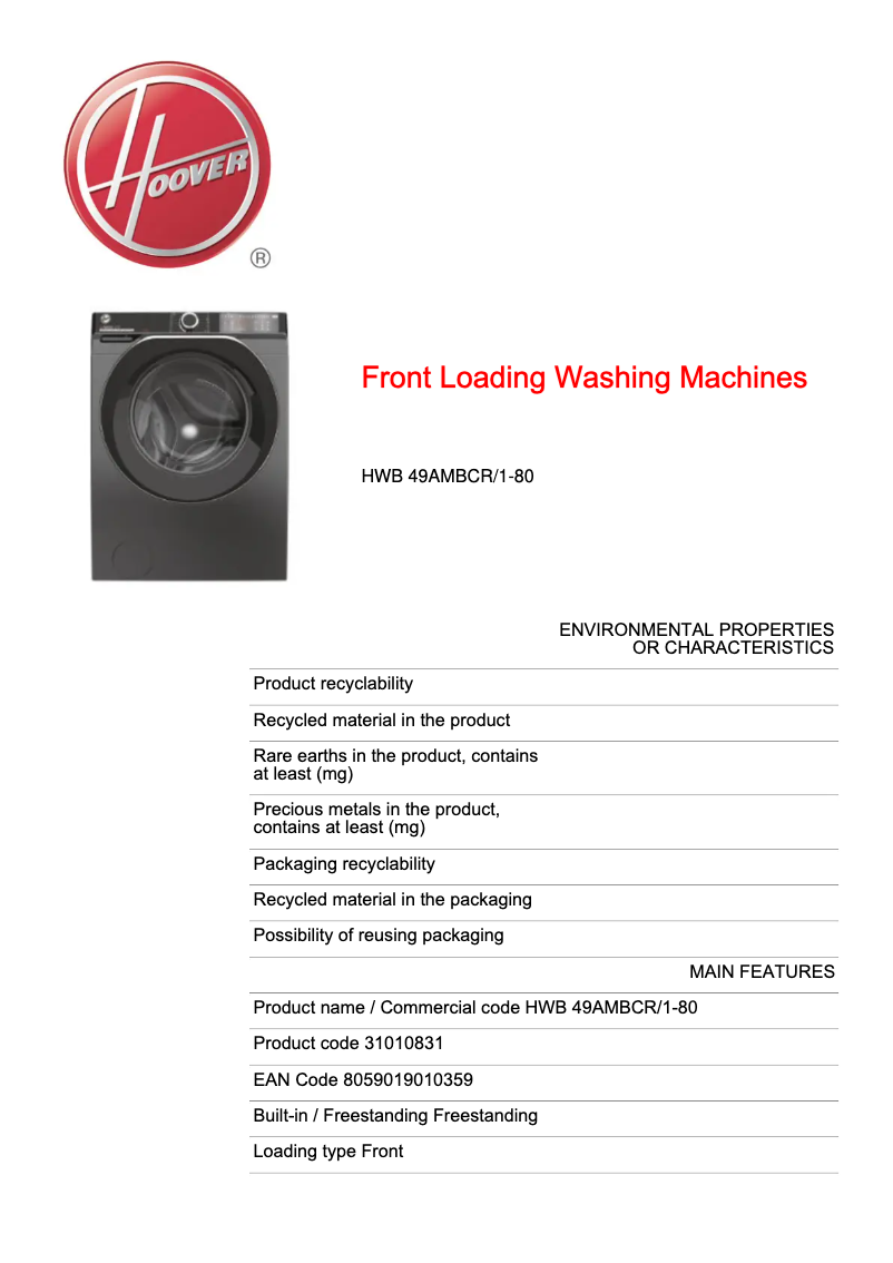 Page n°1 - Fiche technique Hoover H-WASH 500 HWB 49AMBCR/1-80