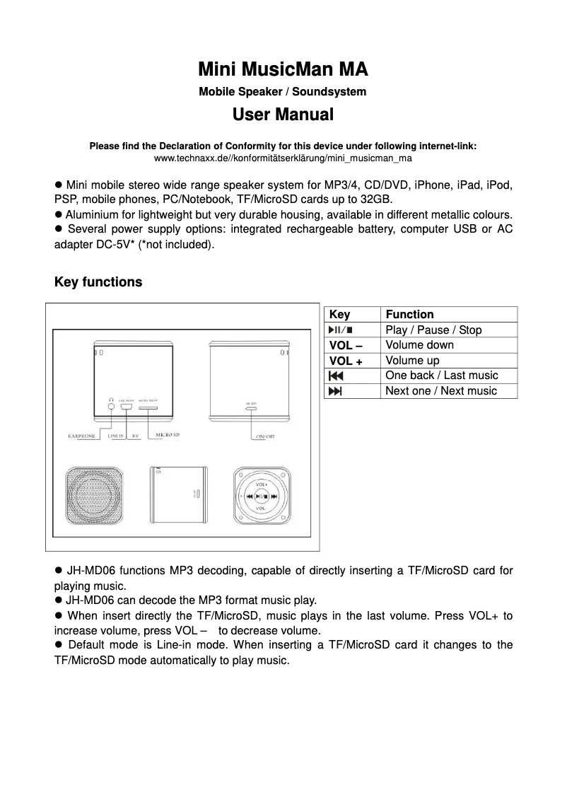 Page 1 de la notice Manuel utilisateur Technaxx Mini MusicMan MA
