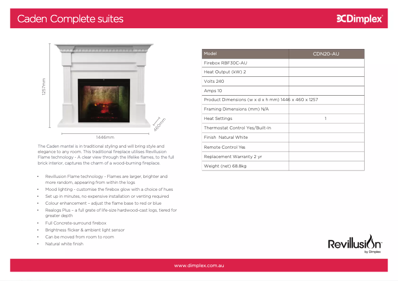 Page 1 de la notice Fiche technique Dimplex Caden CDN20-AU