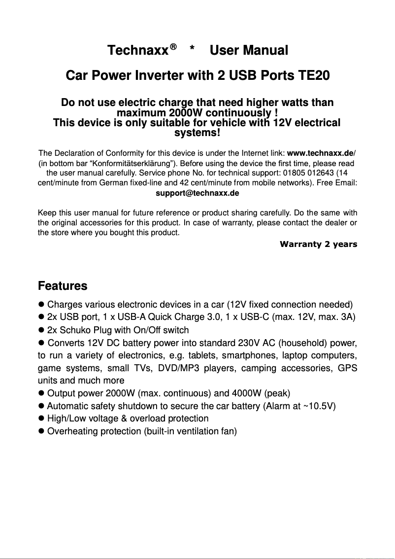 Page n°1 - Manuel utilisateur Technaxx TE20