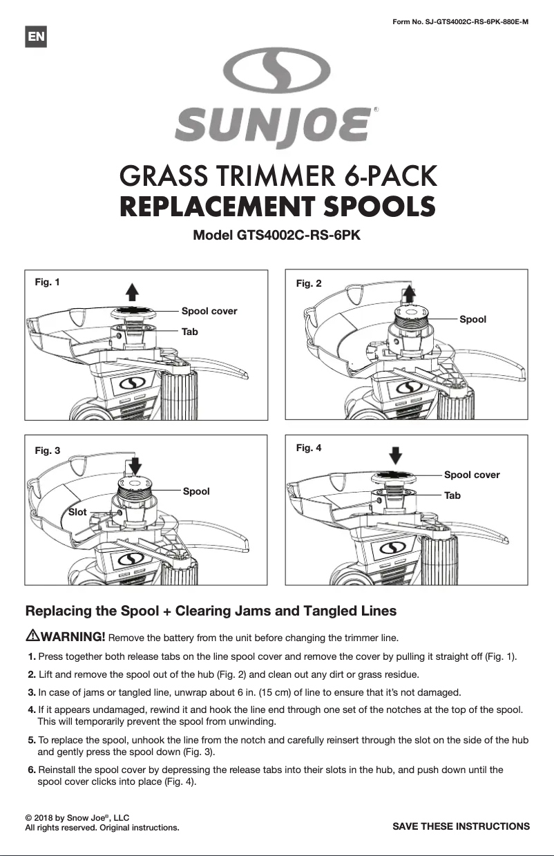 Page 1 de la notice Manuel utilisateur Sun Joe GTS4000E-RS-6PK