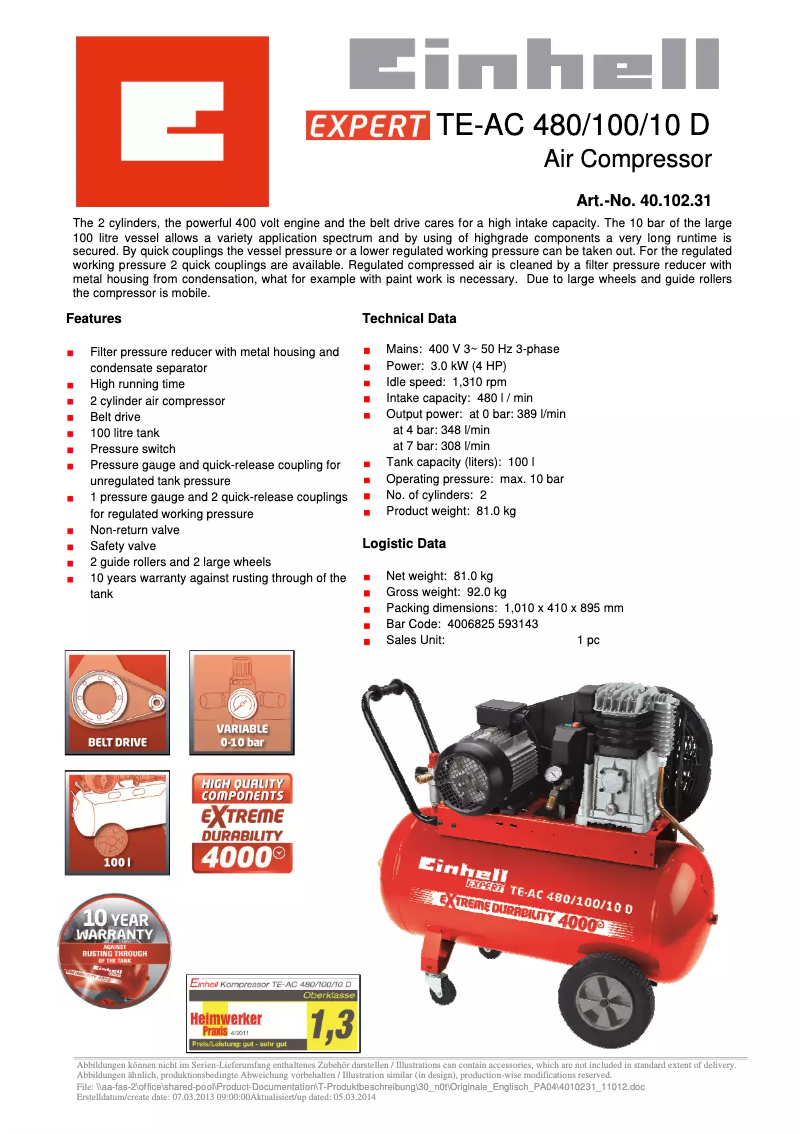 Image de la première page du manuel de l'appareil TE-AC 480/100/10 D