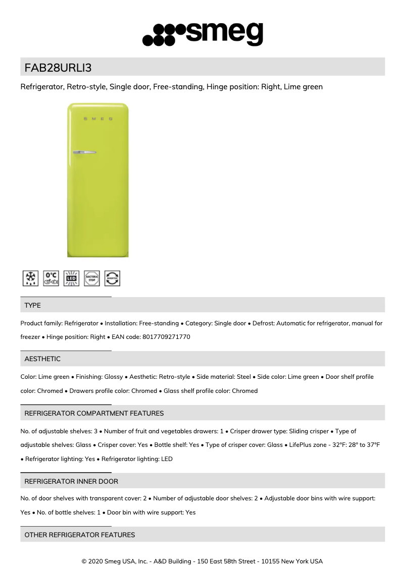 Page n°1 - Fiche technique Smeg FAB28URLI3