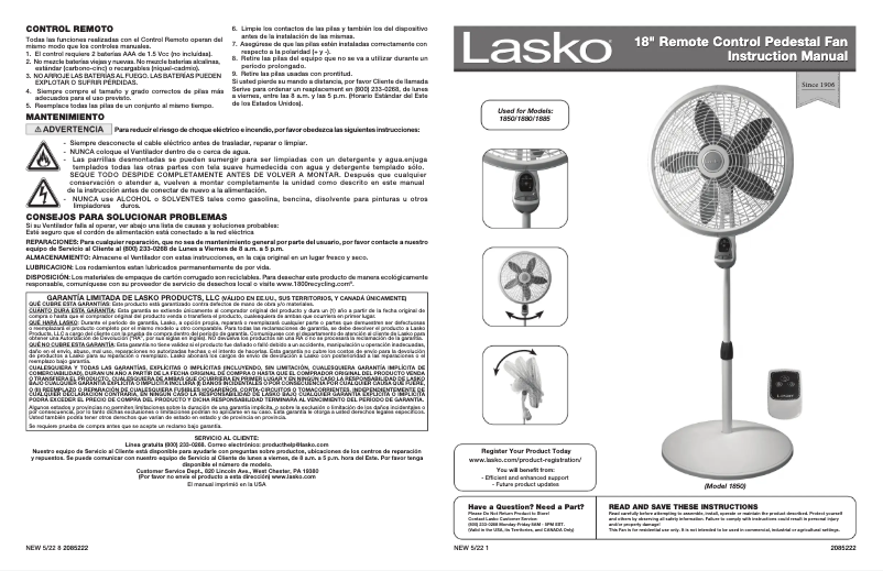 Page 1 de la notice Manuel utilisateur Lasko Elegance & Performance 1850