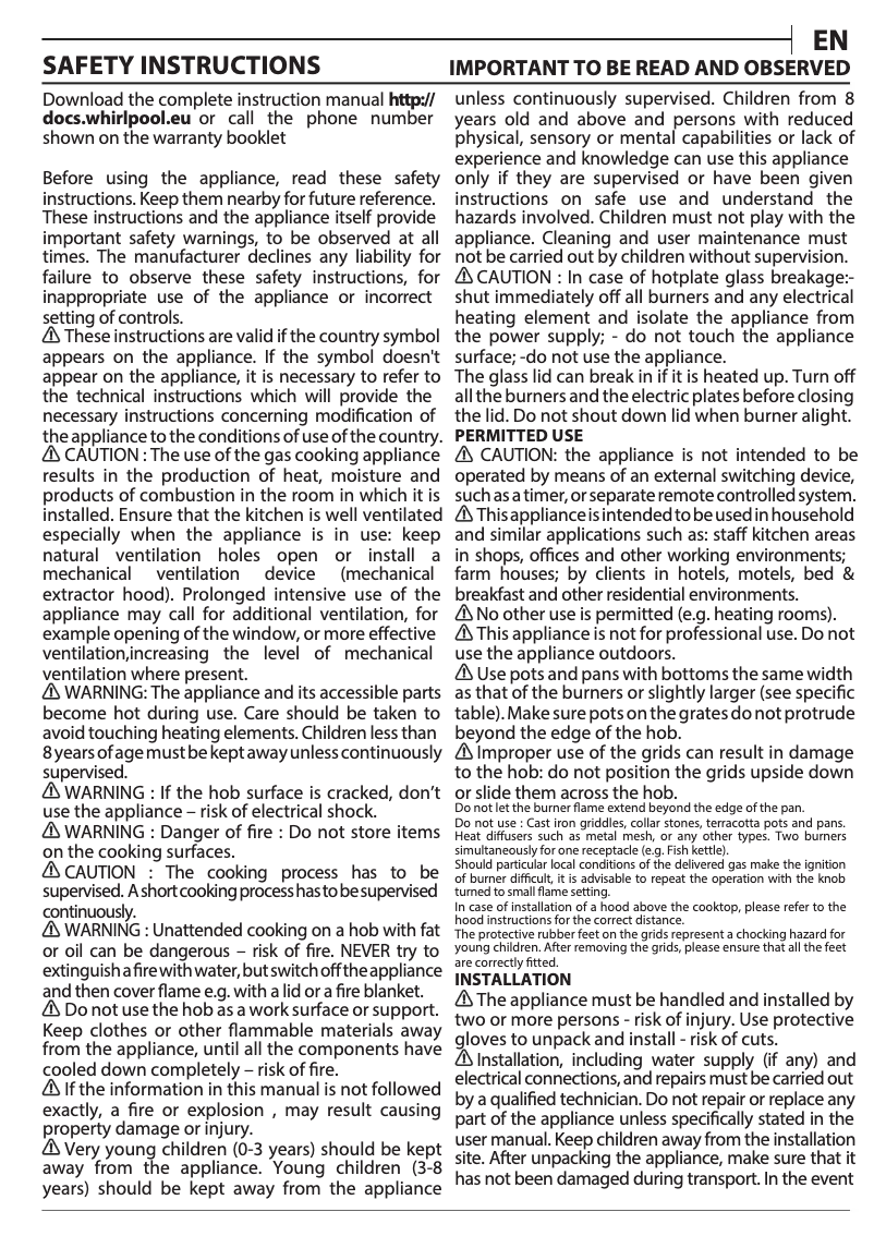 Page n°1 - Manuel utilisateur Whirlpool AKT 6410