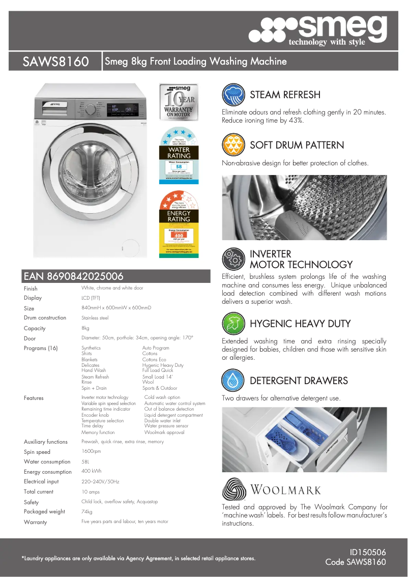 Página 1 del manual Ficha técnica Smeg SAWS8160