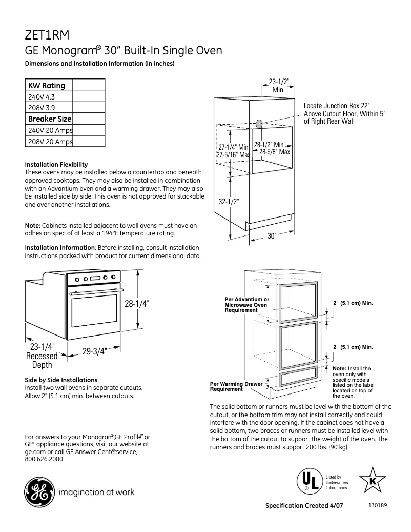 Page 1 de la notice Fiche technique GE ZET1RMSS