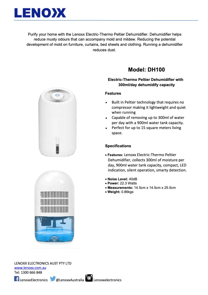 Page 1 de la notice Fiche technique Lenoxx DH100