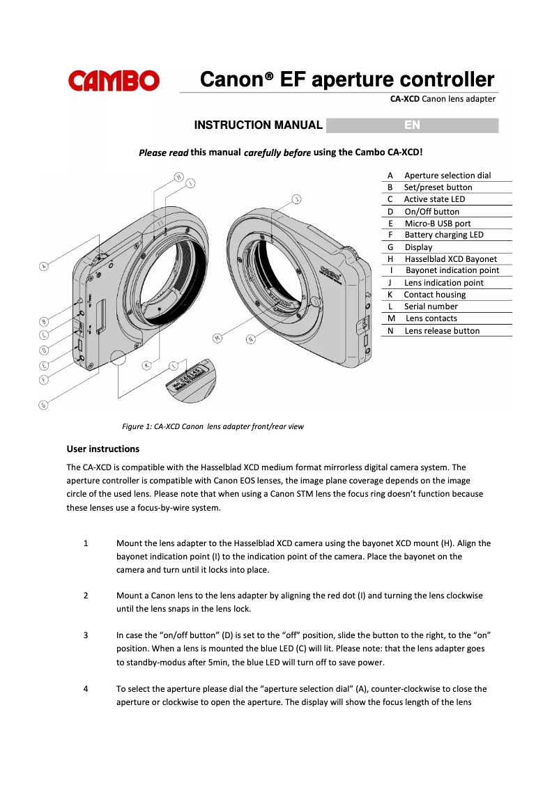 Page 1 de la notice Manuel utilisateur Cambo CA-XCD