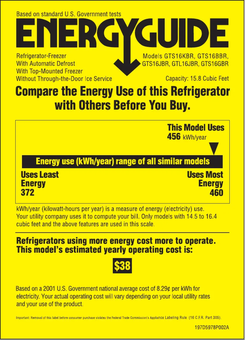 Page 1 de la notice Label énergétique GE GTS16JBRCC