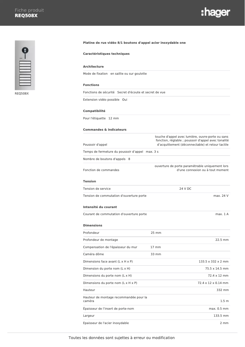 Page 1 de la notice Fiche technique Hager REQ508X