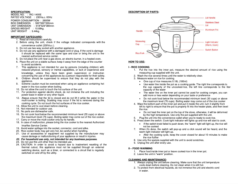 Page n°1 - Manuel utilisateur Imarflex IRC-1400E