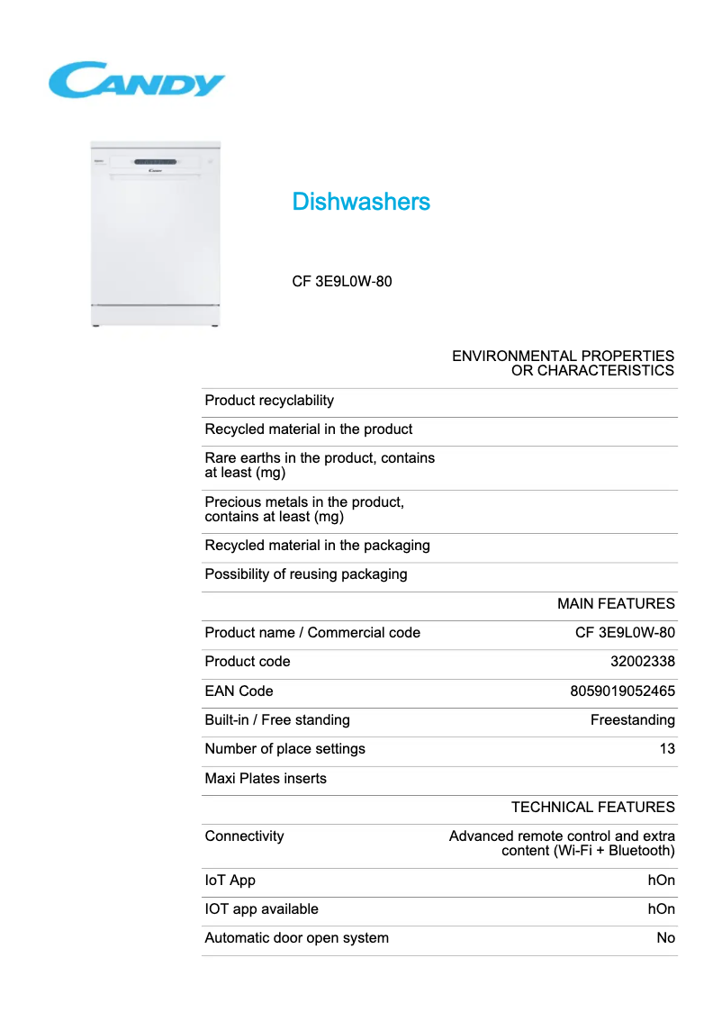 Page 1 de la notice Fiche technique Candy RapidÓ CF 3E9LOW