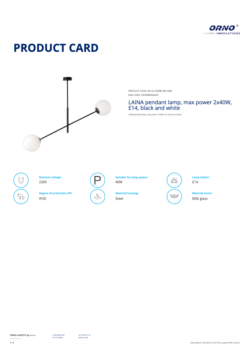 Page 1 de la notice Fiche technique Adviti AD-LD-6309B-WE14SM