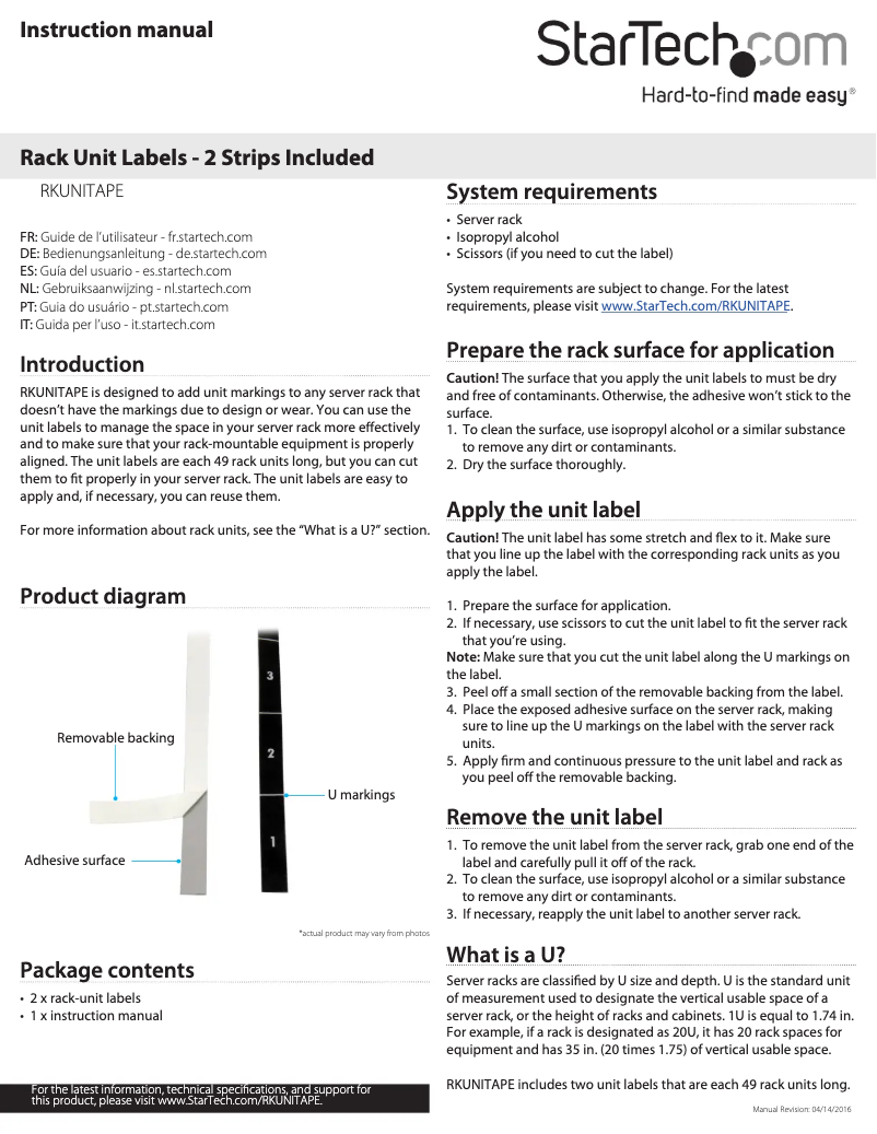 Page 1 de la notice Mode d'emploi StarTech.com RKUNITAPE