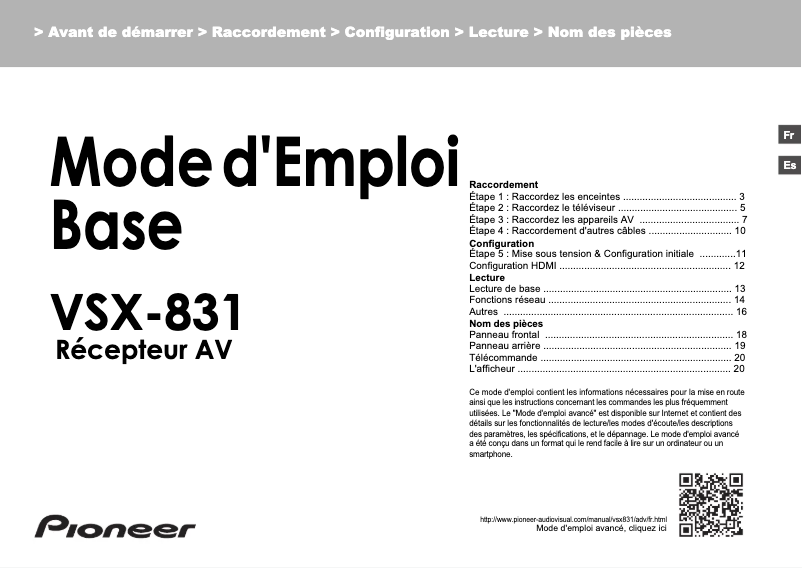 Page 1 de la notice Manuel utilisateur Pioneer VSX-831-B SD2