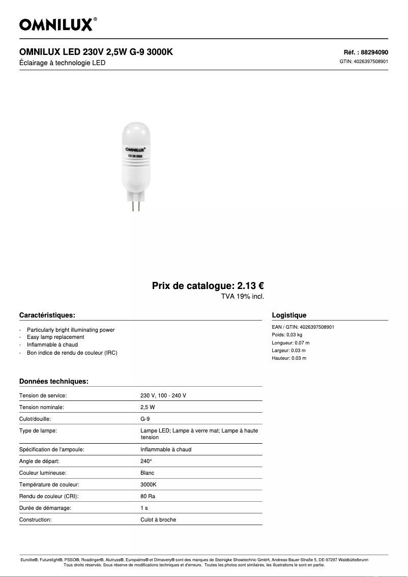 Page 1 de la notice Fiche technique Omnilux LED 230V