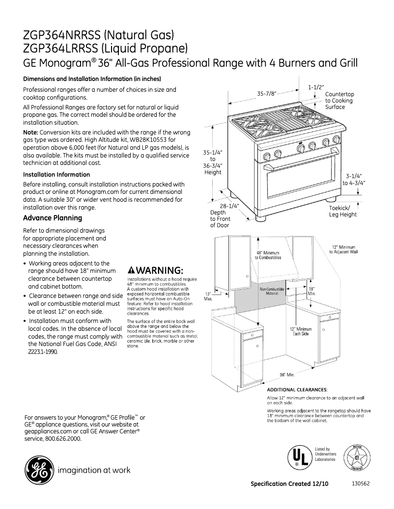 Page 1 de la notice Fiche technique Monogram ZGP364NRRSS