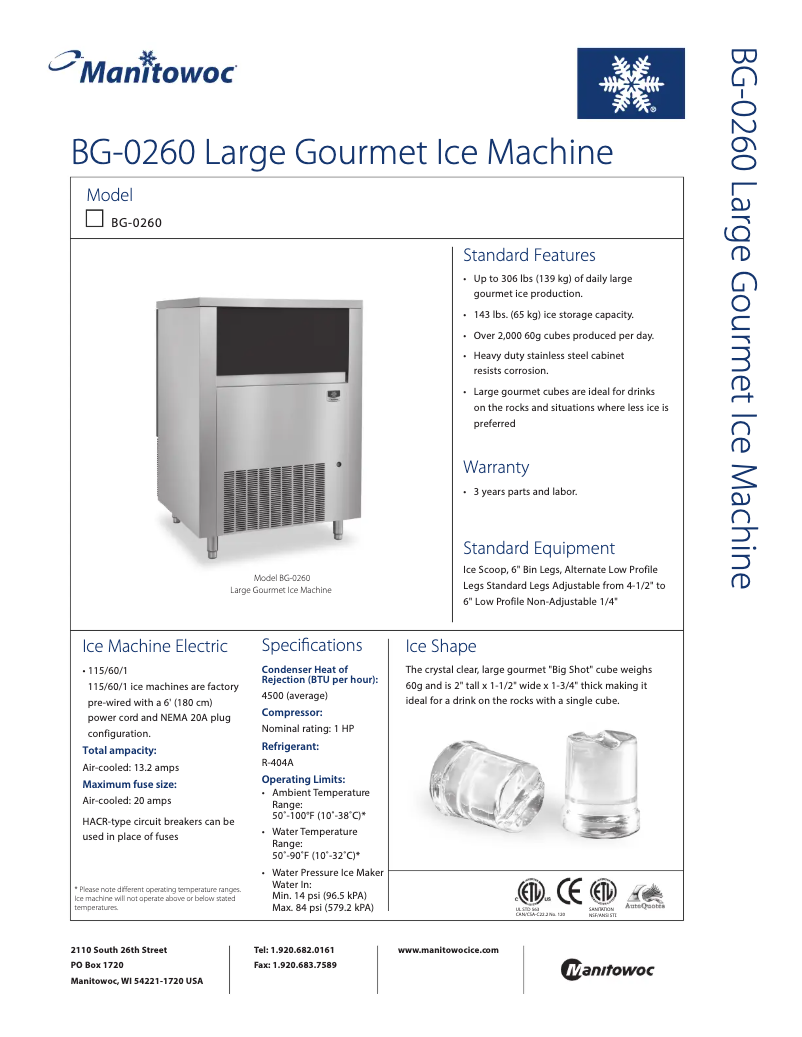 Page 1 de la notice Fiche technique Manitowoc BG-0260A