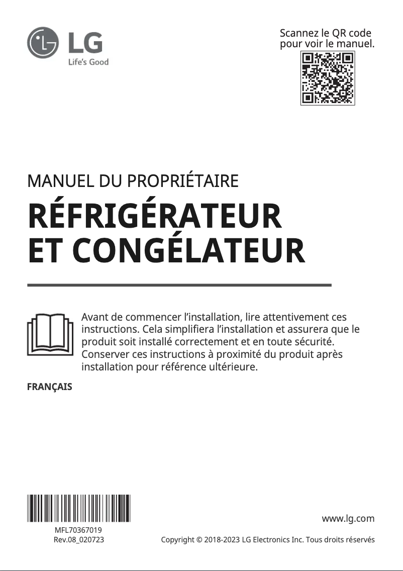 Page 1 de la notice Manuel utilisateur LG GR-F802HLHU