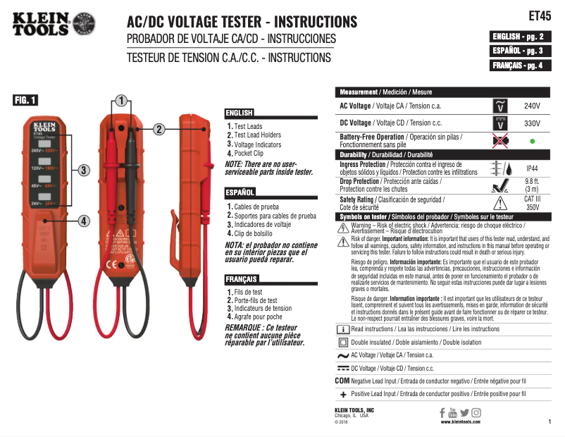 Page n°1 - Manuel utilisateur Klein Tools ET45VP