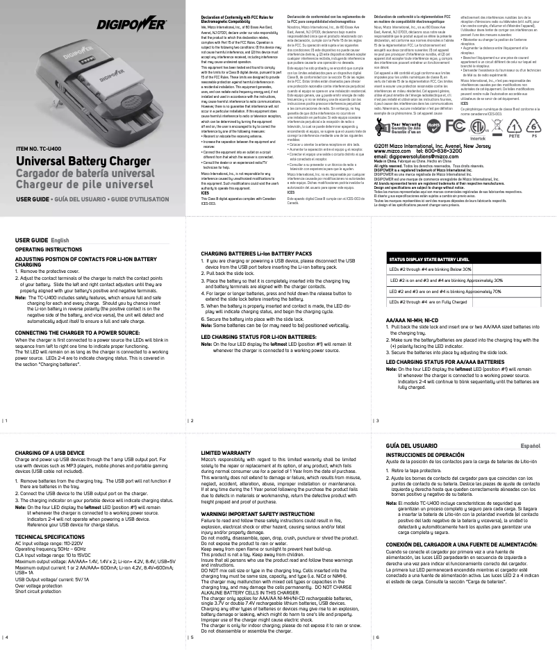 Page 1 de la notice Manuel utilisateur Mizco TC-U400